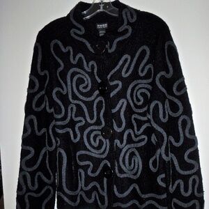 Nomadic Traders women's 100% wool black cardigan sweater with grey design size L